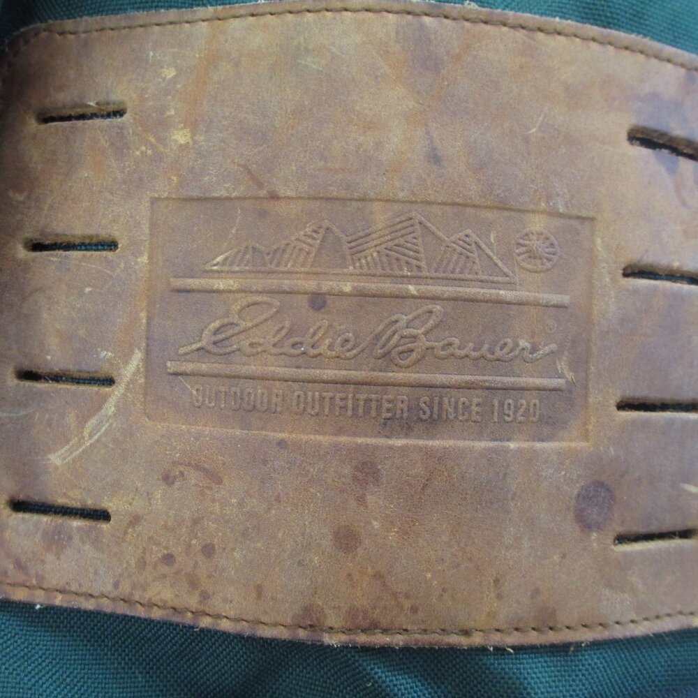 RARE Vintage Eddie Bauer Leather Bottom Backpack Rucksak Green Canvas 25L Day - Picture 2 of 8